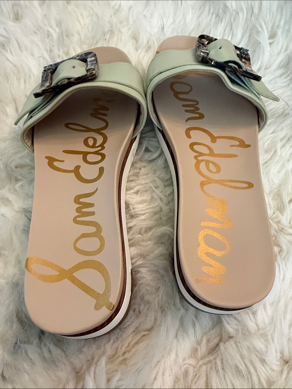 Sam Edelman Pistachio Slide Sandals with Marbled Buckle - Picture 2 of 8